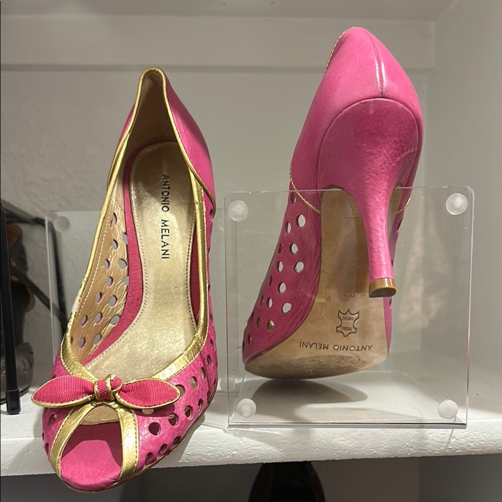 Antonio Melani Pink and Gold Peep-Toe Heels